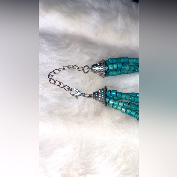 🌺🌸🌼Collar Necklace & Clip Blue Twisted Wood Bead Abalone Disc - Picture 2 of 6